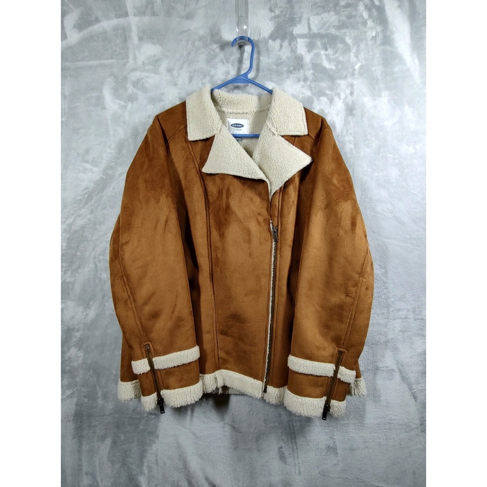 Old Navy Womens Faux Suede Sherpa‎ Lined Moto Aviator Jacket Brown Large 3349
